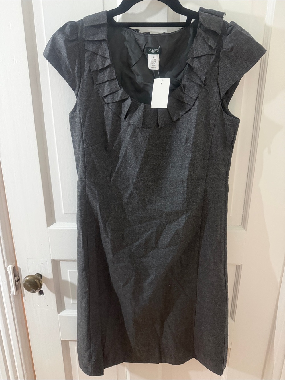 NWT J. Crew Charcoal Gray Ruffle-Neck Cap Sleeve Midi Dress